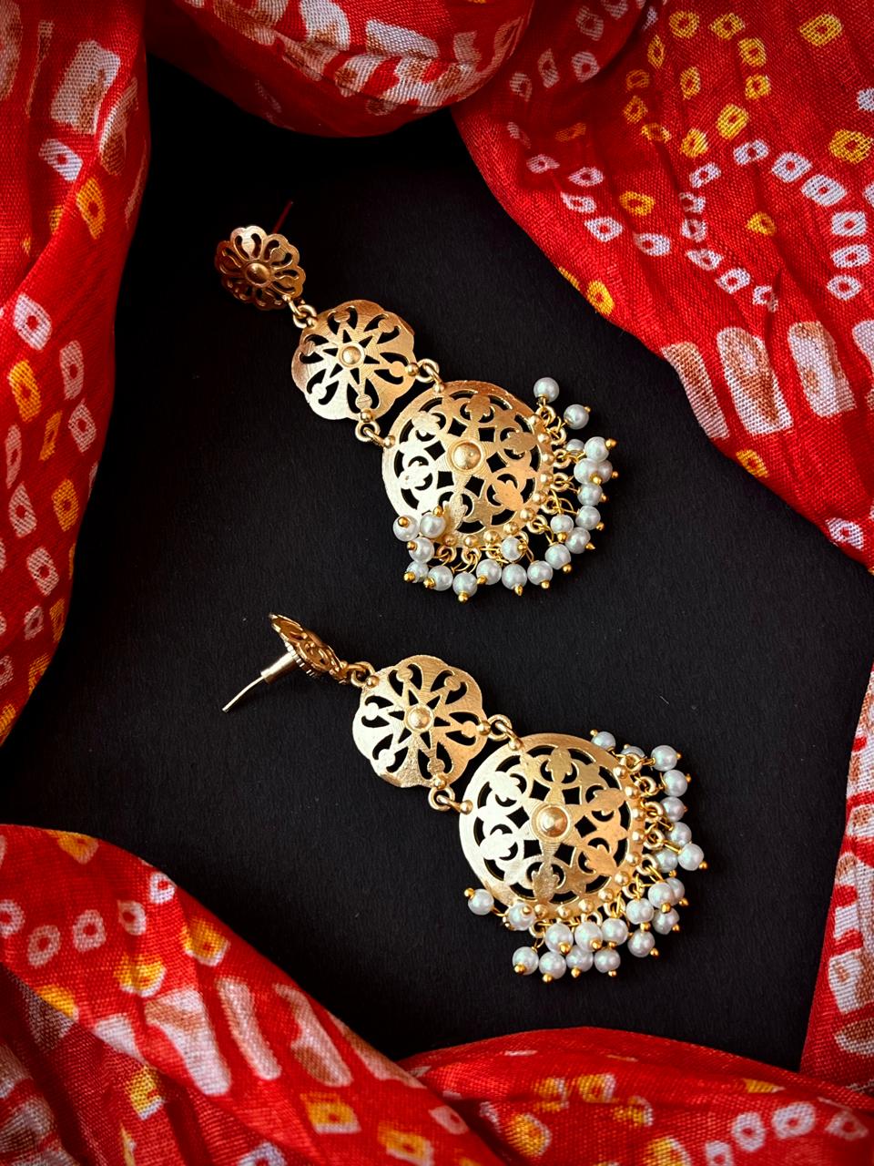 Golden Three Floral Beaded Earring