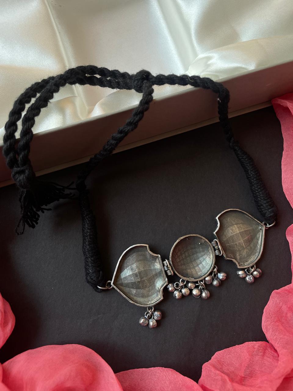 Black Polish Oxidized Choker Necklace with Adjustable Dori