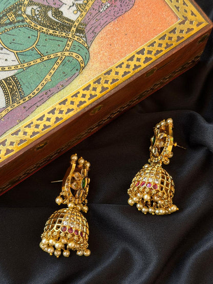 AD Stone Matt Finish Golden Temple Earring