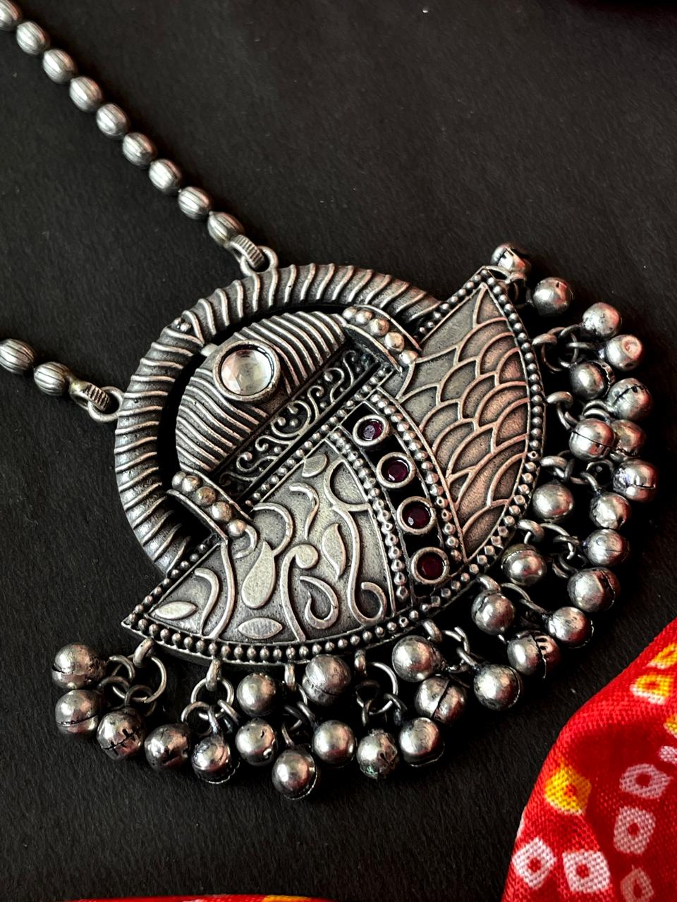 Oxidized Ethnic Pendant Chain Necklace with Earring set