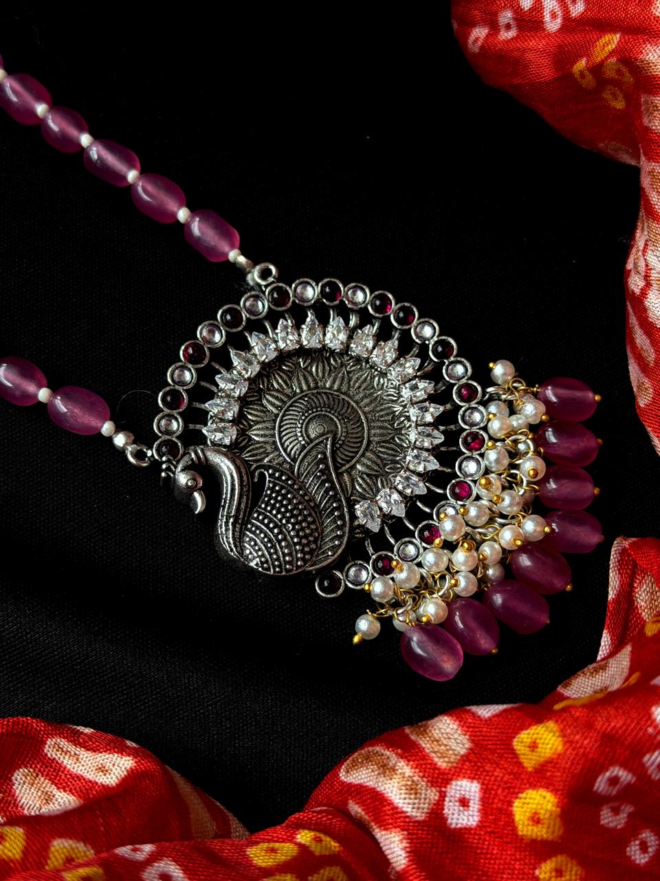 AD stone Oxidized Pendant Stone Baeded Mala Necklace