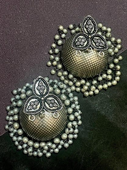 Oxidized Jhumka with double layer of beads Earring