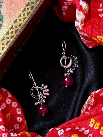 Stone Beaded Silver Replica Peacock Earring