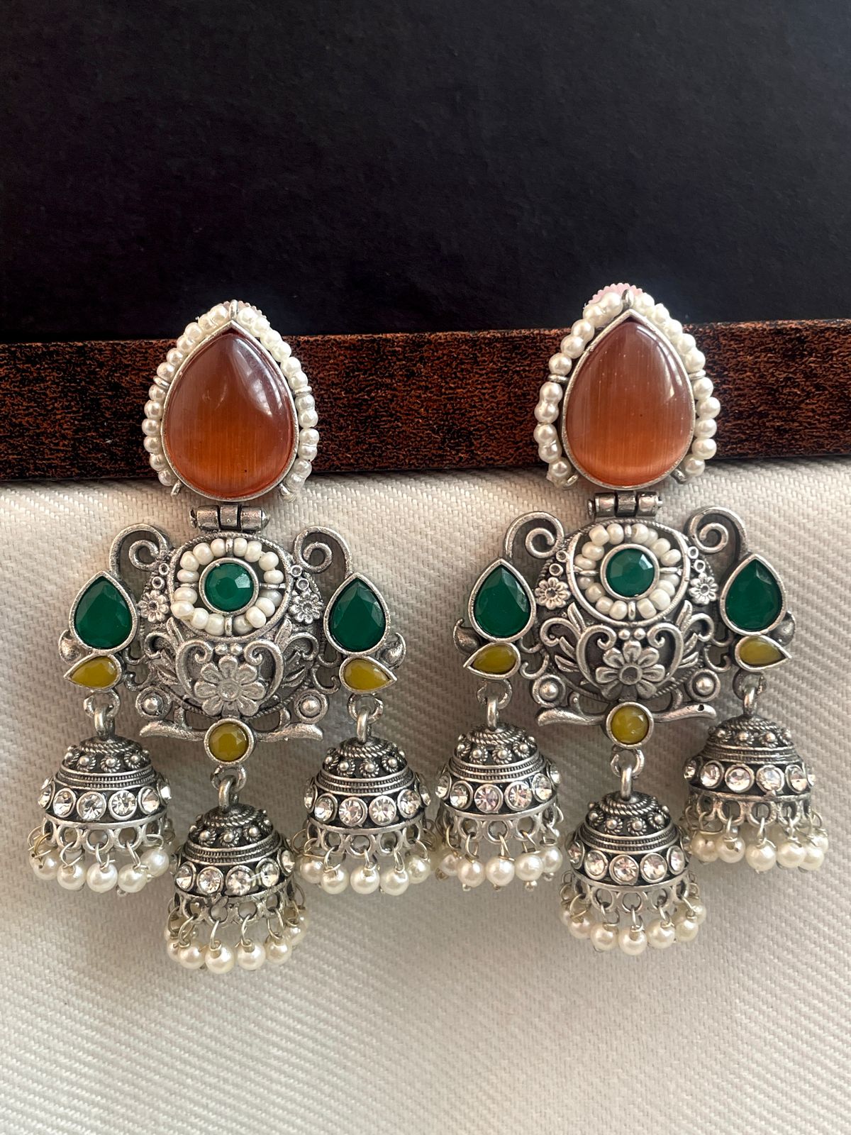 Monalisa Stone Silver Replica Three Jhumki Earring