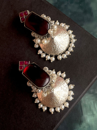 Oxidized Flat Jhumka with Monalisa Stone Top Earring