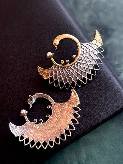 Dual Tone Peacock shape Stud Earring