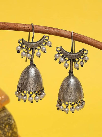 Oxidized Bell Shape Jhumka with Moon top and beads