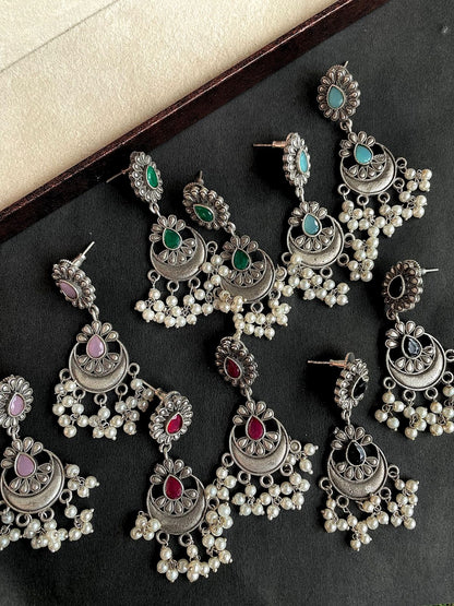 oxidized chandbali earing with stone and beads