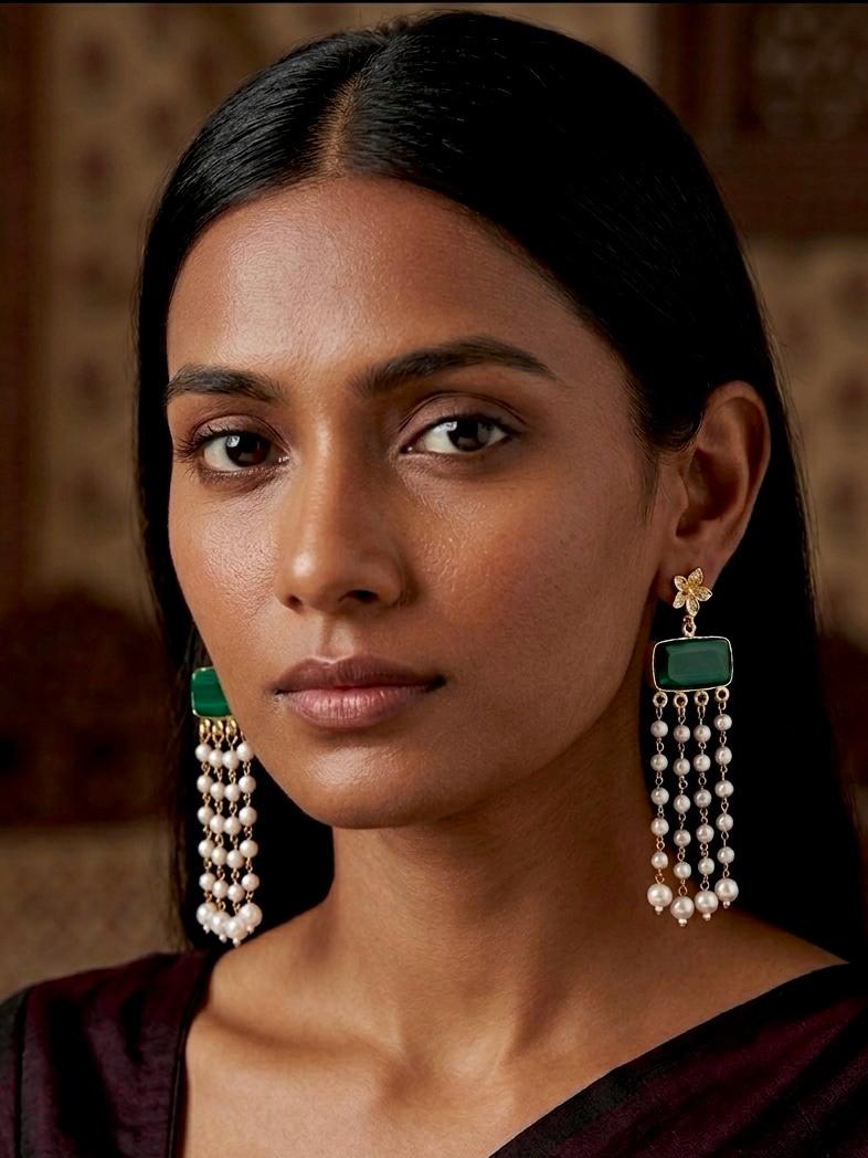Monalisa Stone Beaded Latkan Golden Earring