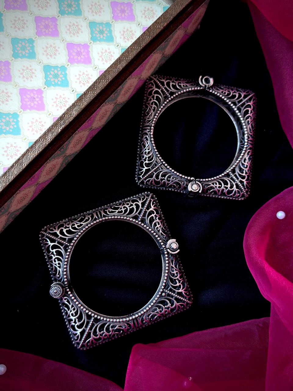 Oxidized Silver Replica Bangle Kada set (Pair of 2)