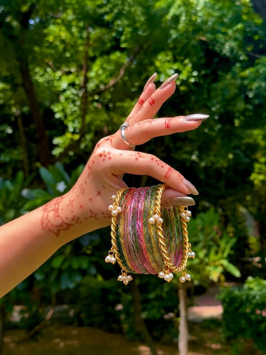 Golden Twisted Beaded Metal Bangles with Glass Bangles set