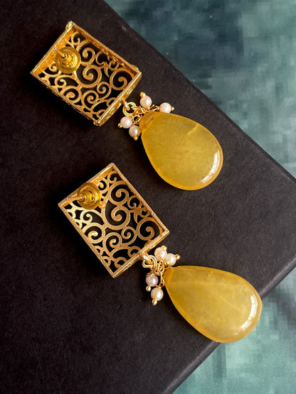 Earring with Monalisa Stone and Square Designer Top