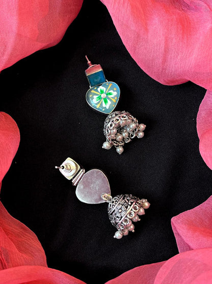 Hand Painted Monalisa Stone Top with Silver Replica Jhumki Earring