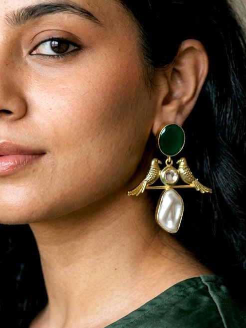 Monalisa Stone Shell Pearl Golden Bird Earring
