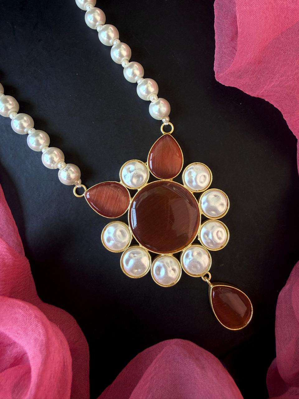 Monalisa Stone Shell Pearl Necklace with Earring set