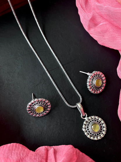 Monalisa Stone Oxidize Pendant Chain Necklace with Earring set