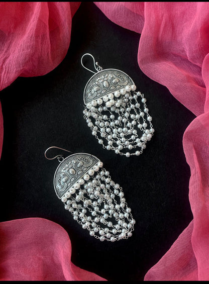 Silver Replica Seventeen Layered Beaded Necklace with Earring set