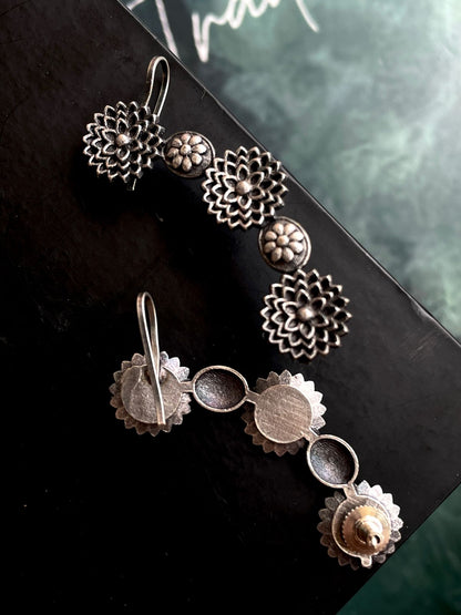Flower motif long oxidized Earring Cuff