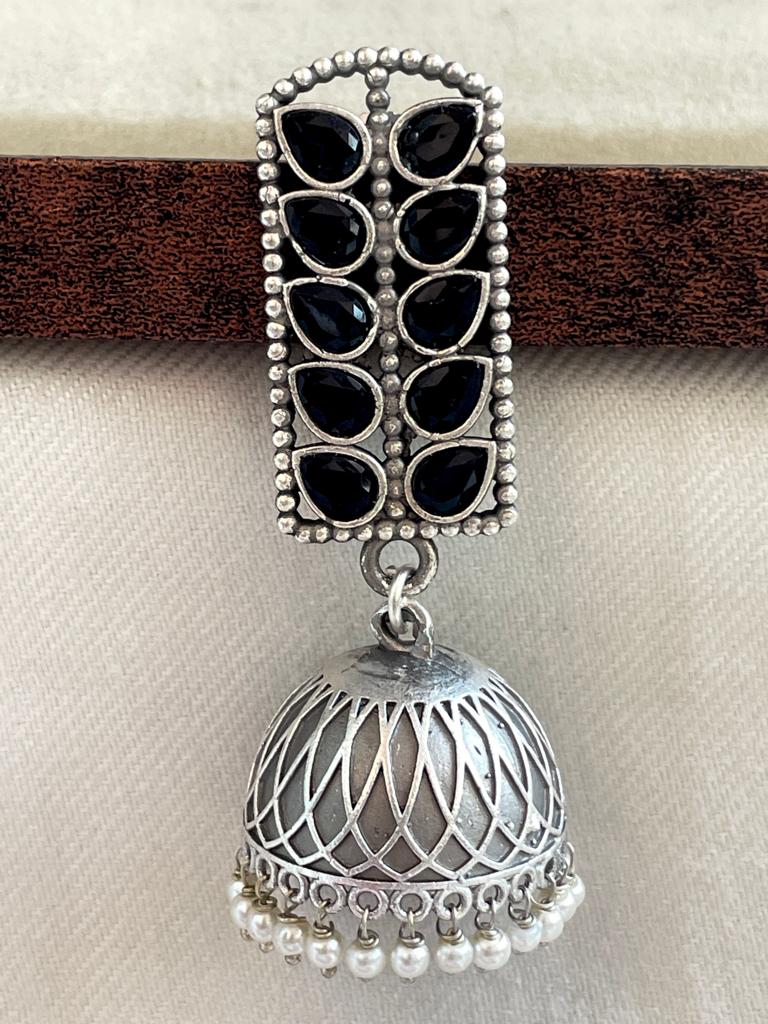 Monalisa Stone Long Top with Silver Replica Heavy Jhumka Earring