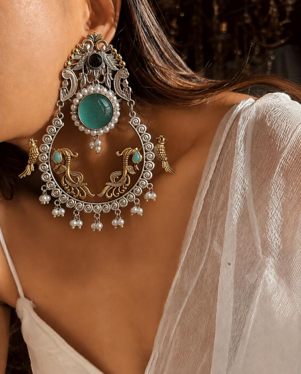 Monalisa Stone Dual Tone Big Partywear Earring