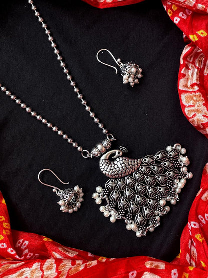 Oxidized Peacock Pendant Chain Necklace with Earring set