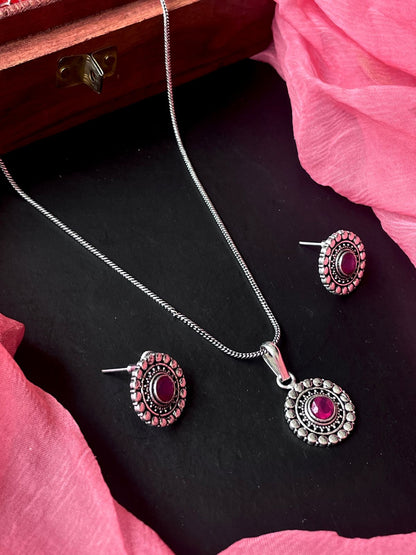 Monalisa Stone Oxidize Pendant Chain Necklace with Earring set