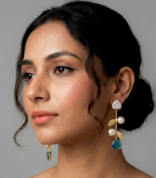 Monalisa Stone Shell Pearl Golden Leaf Earring