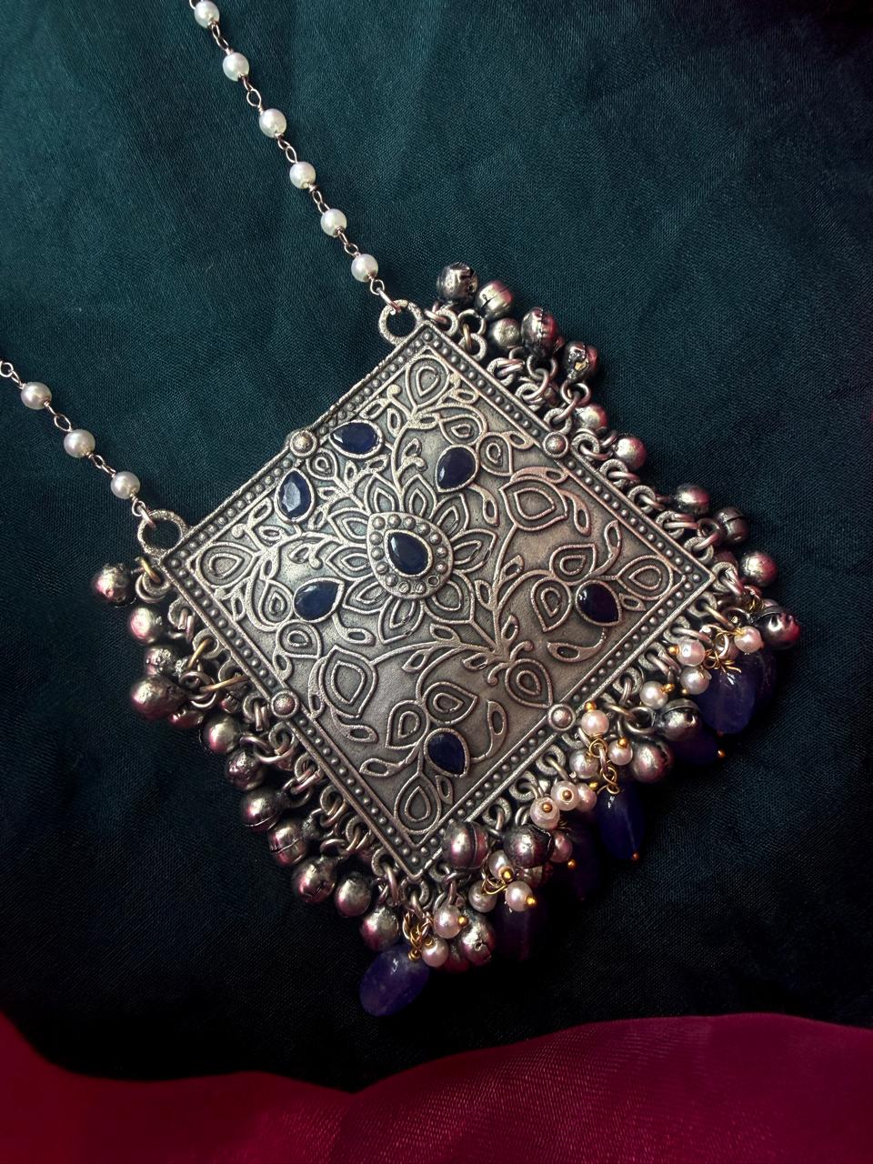 Oxidized Pendant Beaded Chain Necklace