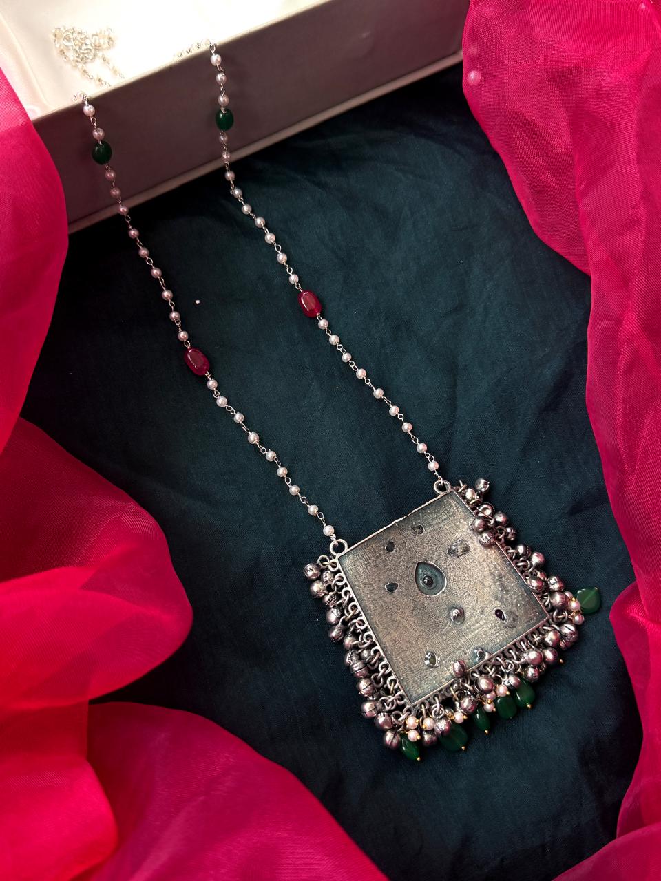 Oxidized Pendant Beaded Chain Necklace