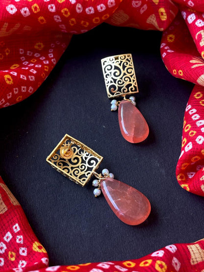 Earring with Monalisa Stone and Square Designer Top