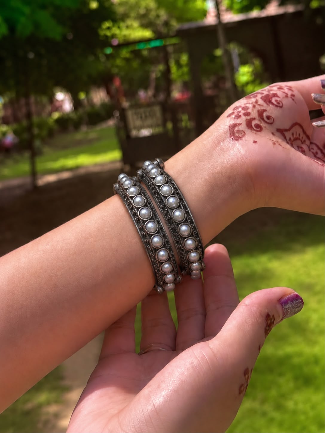Oxidized Openable Kada set with Pearl