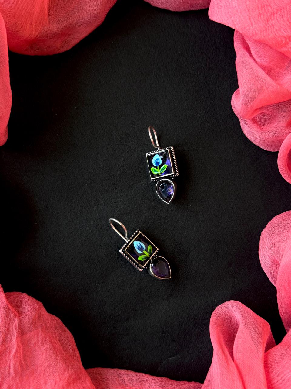 Hand Painted Monalisa Stone Silver Replica Earring