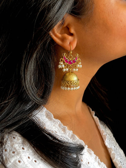 Pachi Kundan with Golden Jhumki Earring