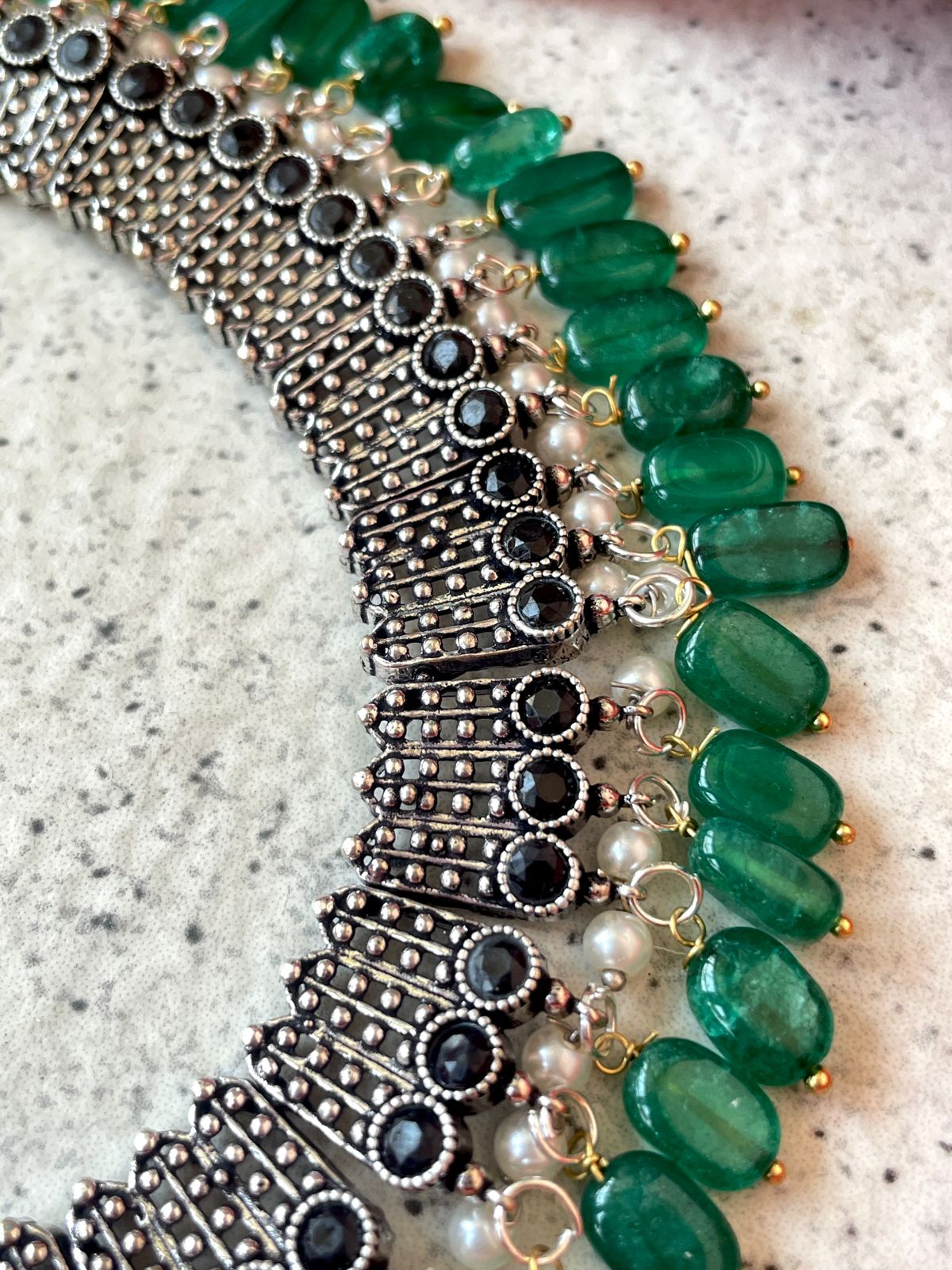 Jade Stone with Cheer Oxidized Choker Necklace with Earring Set