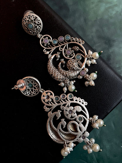 Silver Replica Peacock Shape Ethnic Beaded Earring