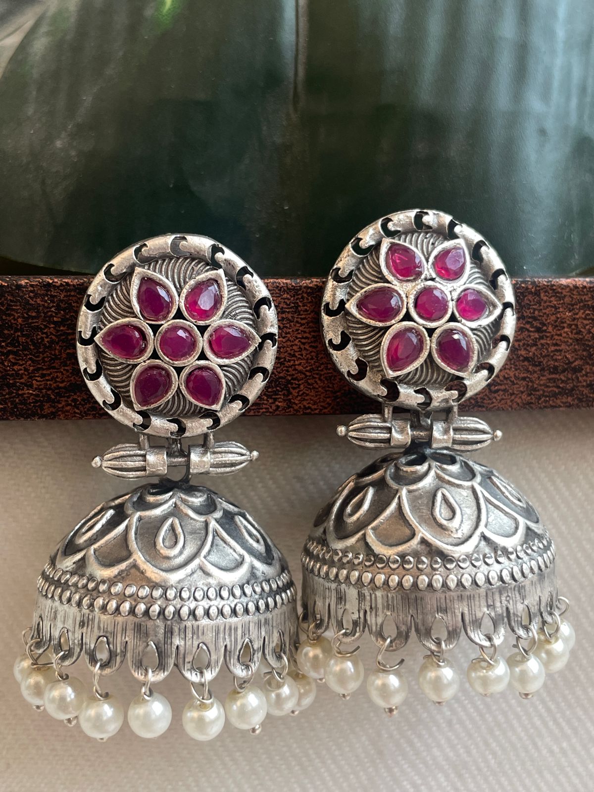 Silver Replica Jhumka Earring with Beads and stones