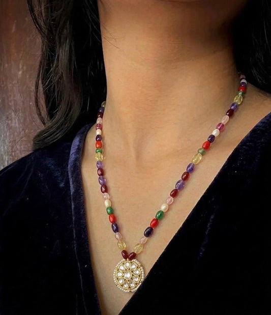 Pachi Kundan Pendant Navratan Mala