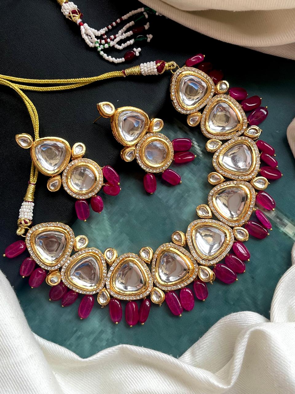 Kundan Necklace with Zade Stone Beads and Earring Set