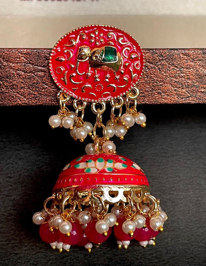 Elephant Top Meenakari Jhumka Earring