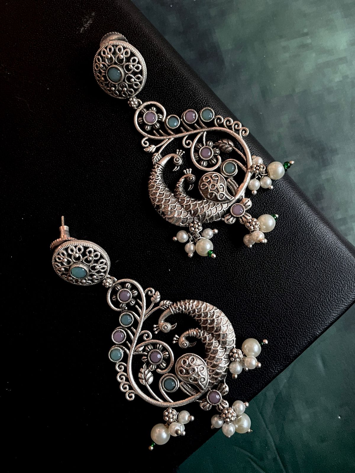 Silver Replica Peacock Shape Ethnic Beaded Earring