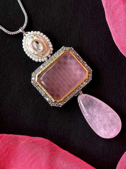 AD with Monalisa Jade Stone Meenkari Pendant Chain Necklace