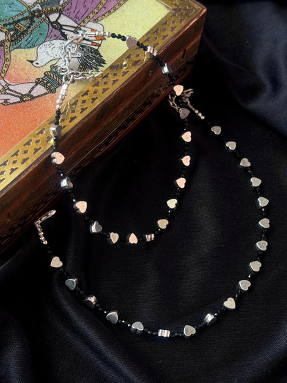 Silver Replica Motif Black Beaded Anklet