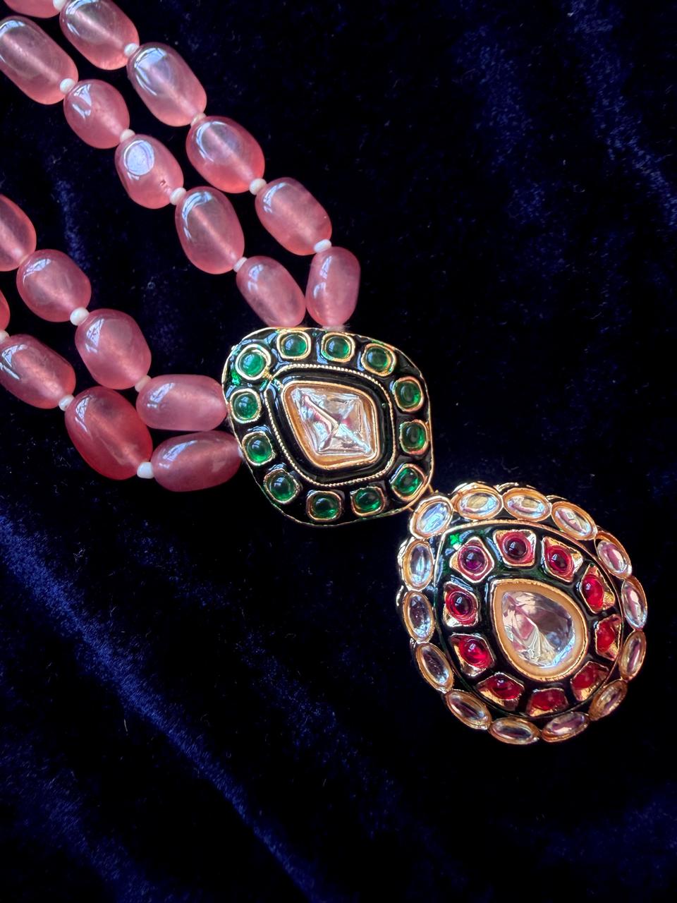 Kundan Meenakari Pendant Stone Beaded Double Layered Mala Necklace