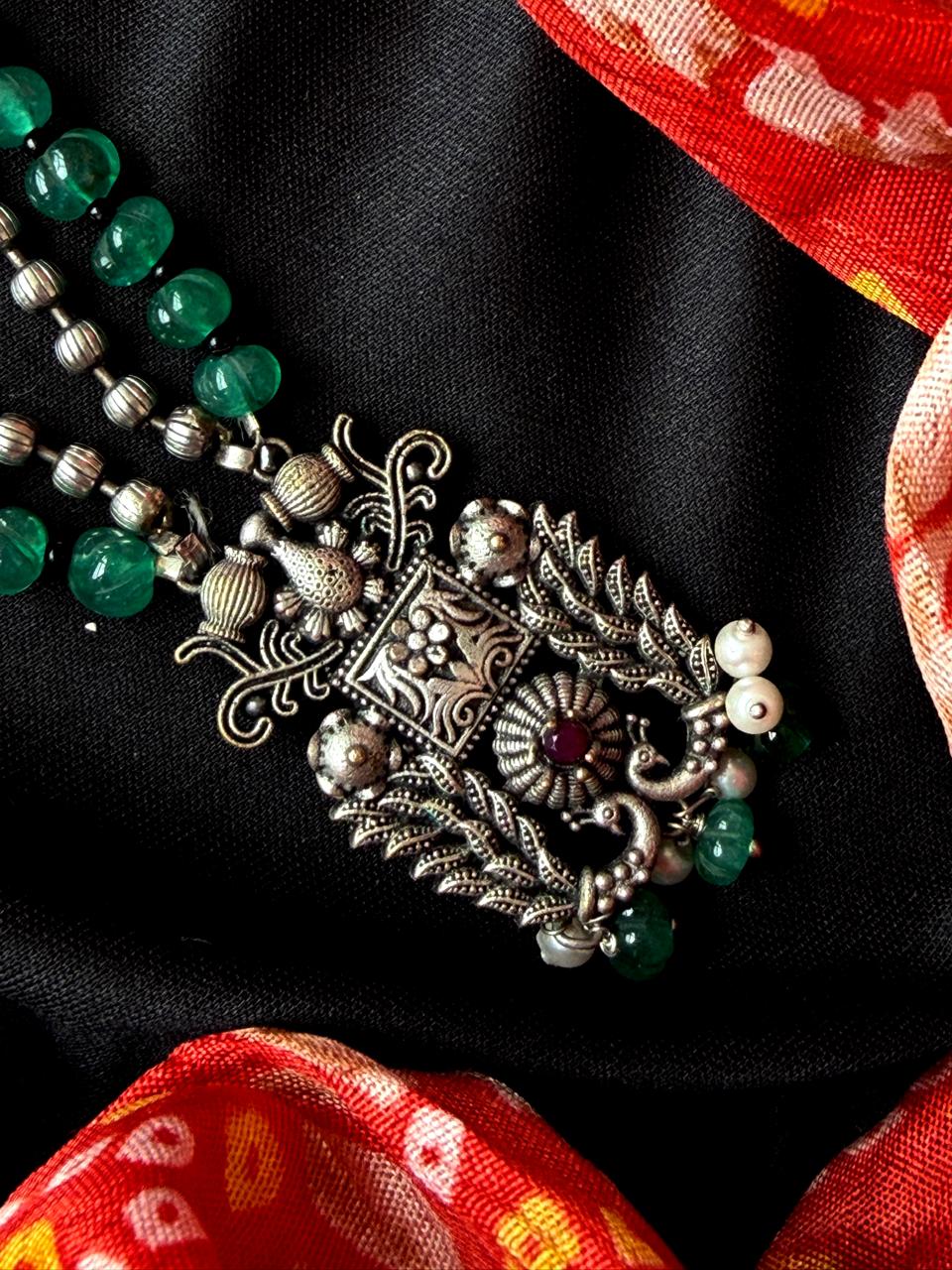 Monalisa Pumpkin Beaded Oxidized pendant Chain Necklace