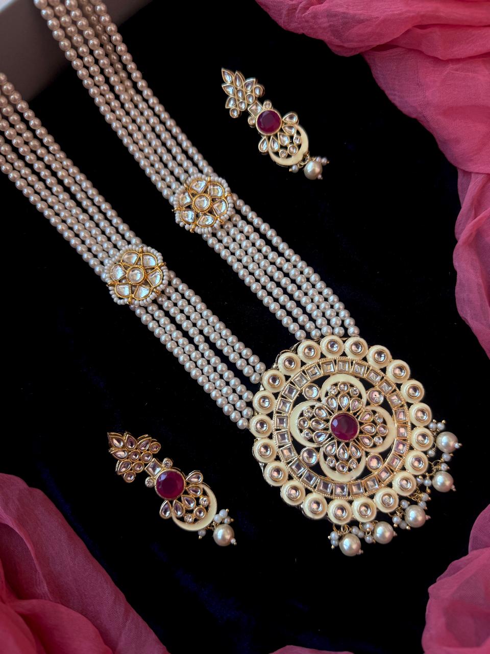 Kundn Meenakari Pendant Mala Moti Necklace with Earring set
