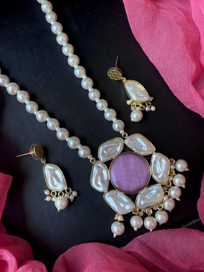 Monalisa Stone Shell Pearl Necklace with Earring set