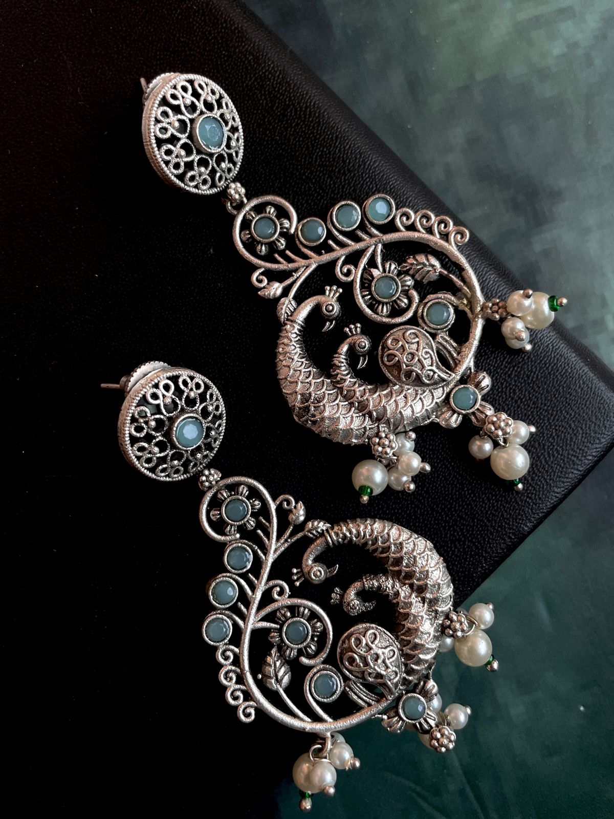 Silver Replica Peacock Shape Ethnic Beaded Earring