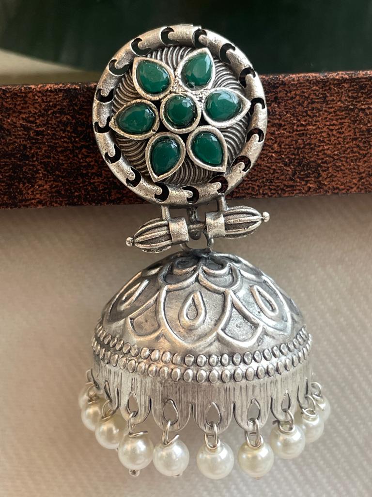 Silver Replica Jhumka Earring with Beads and stones