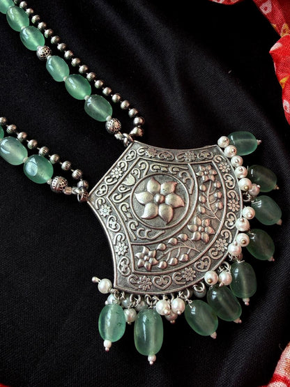 Stone Beaded Layered Oxidized Pendant Chain Necklace with Earring set