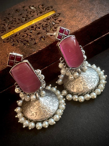 Oxidized Flat Jhumka with Monalisa Stone Top Earring